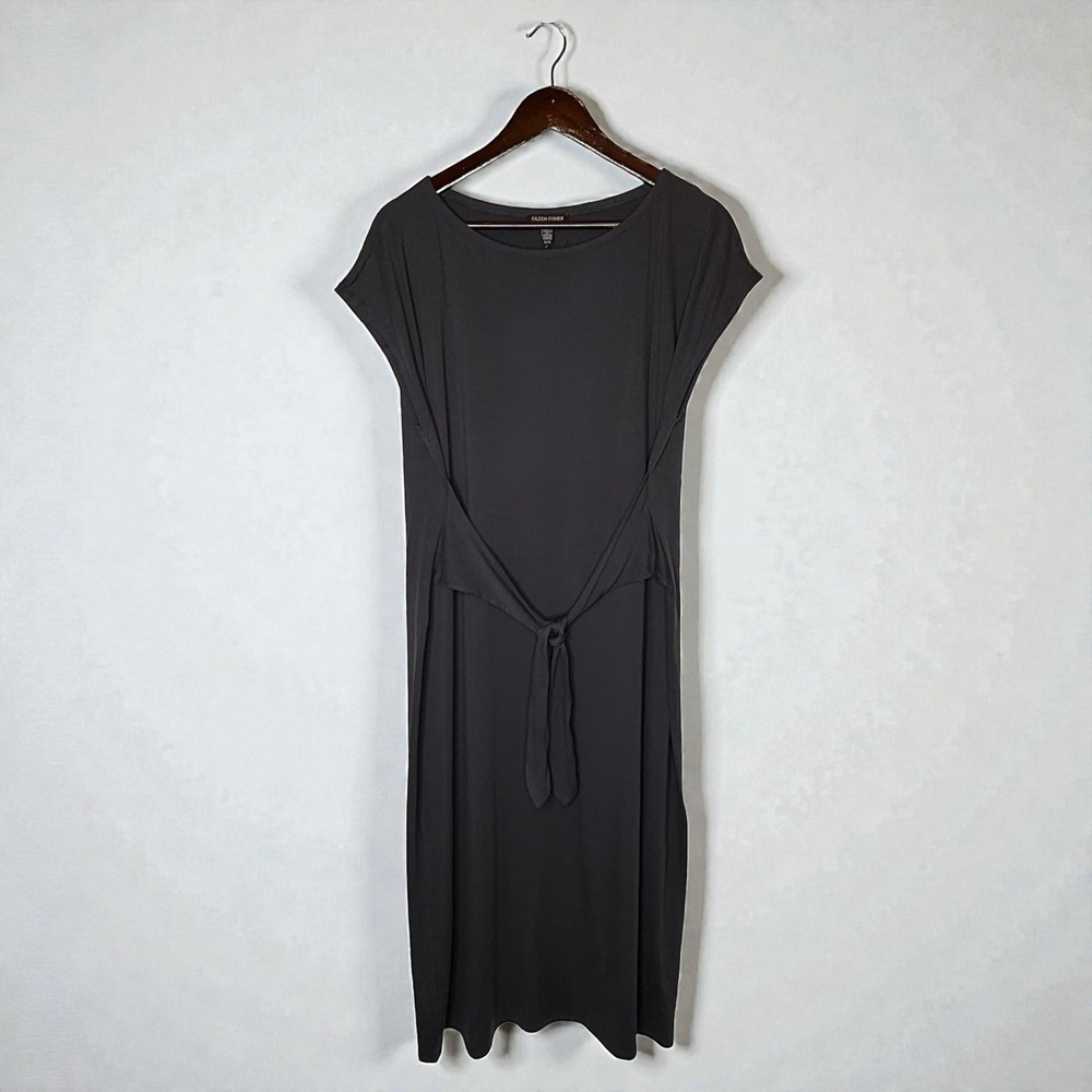 Eileen Fisher‎ Bateau Neck Tie Waist Midi Dress Fine Tencel Jersey size XL